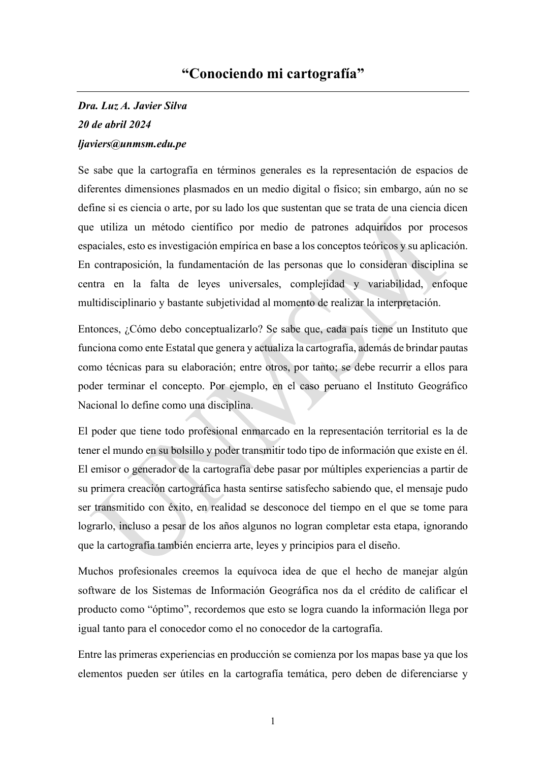 Primera página del artículo Conociendo mi cartografía