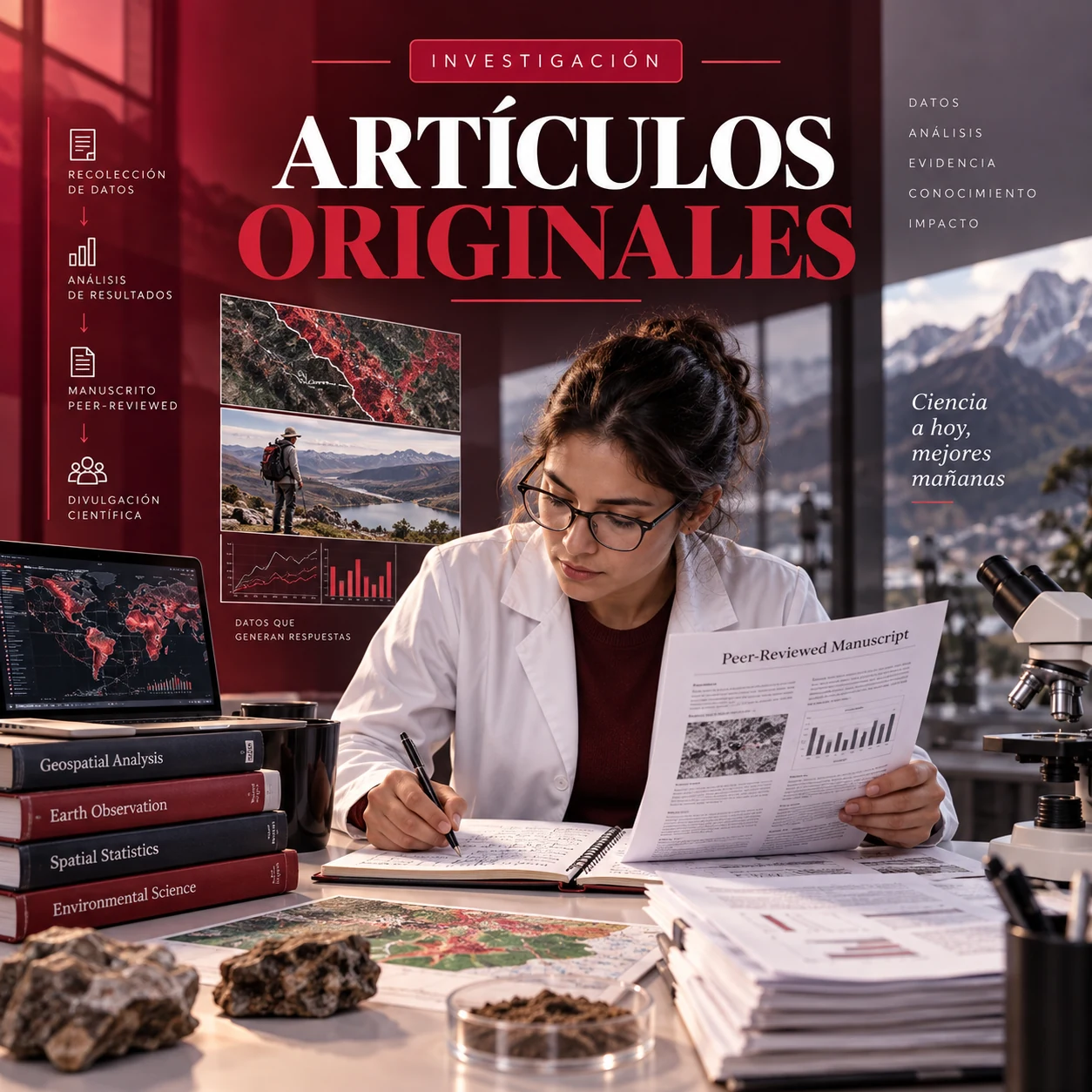 Manuscrito científico con datos, gráficos y herramientas de investigación
