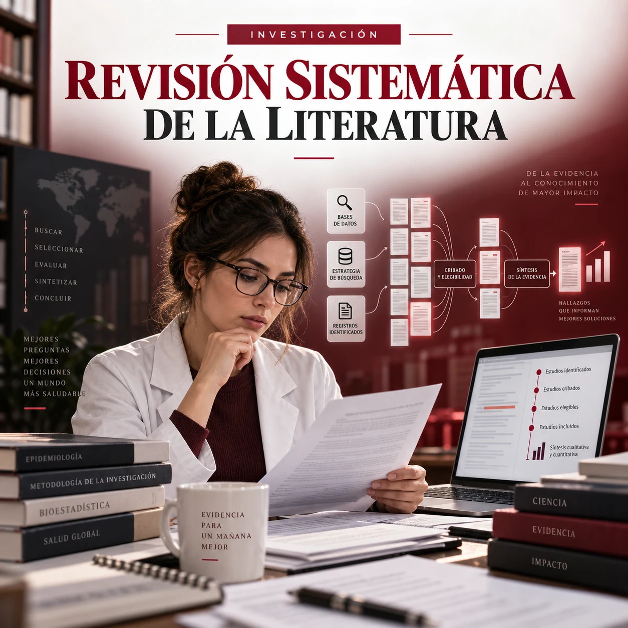 Ilustración de investigación científica y revisión sistemática de literatura