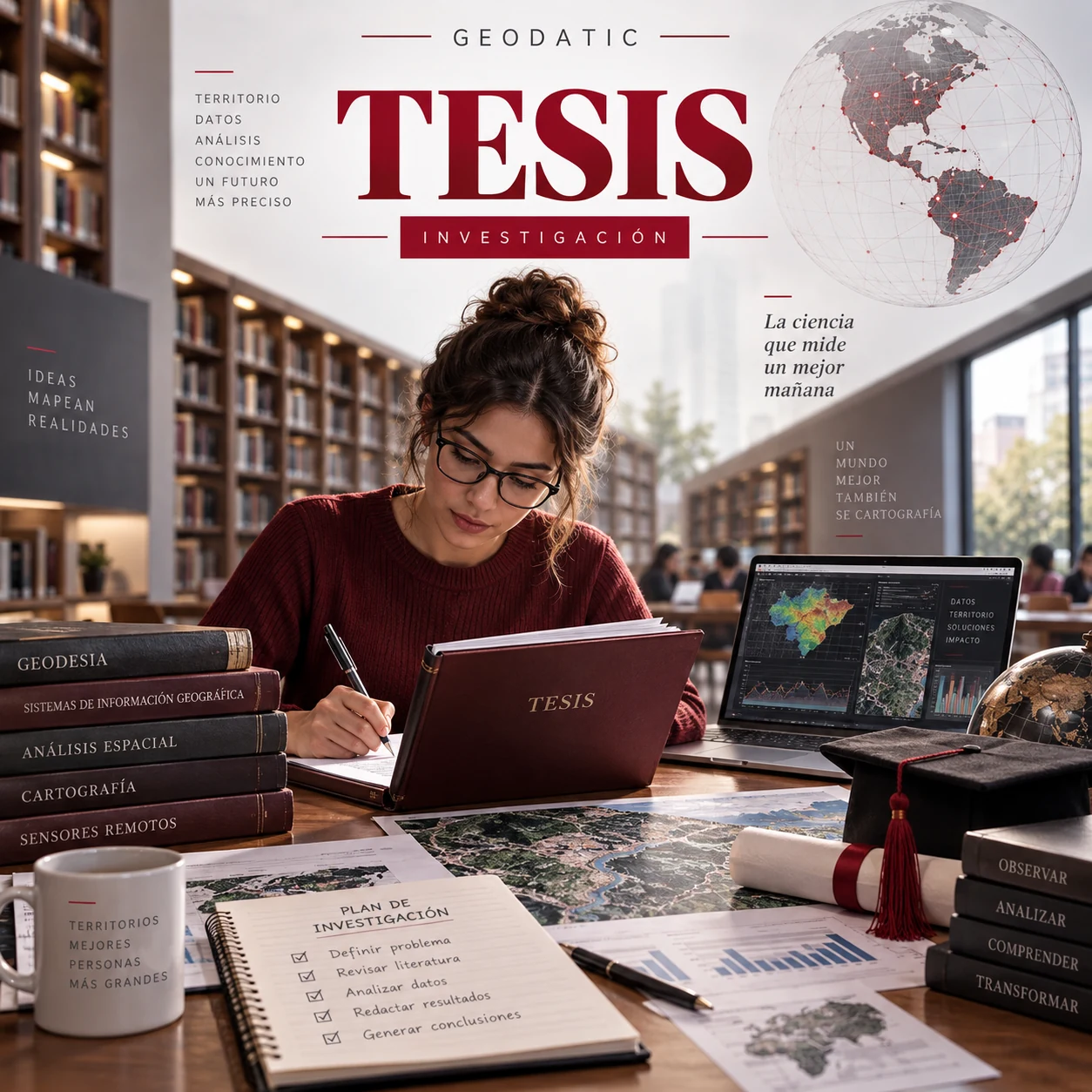 Tesis encuadernada, birrete y documentos de investigación